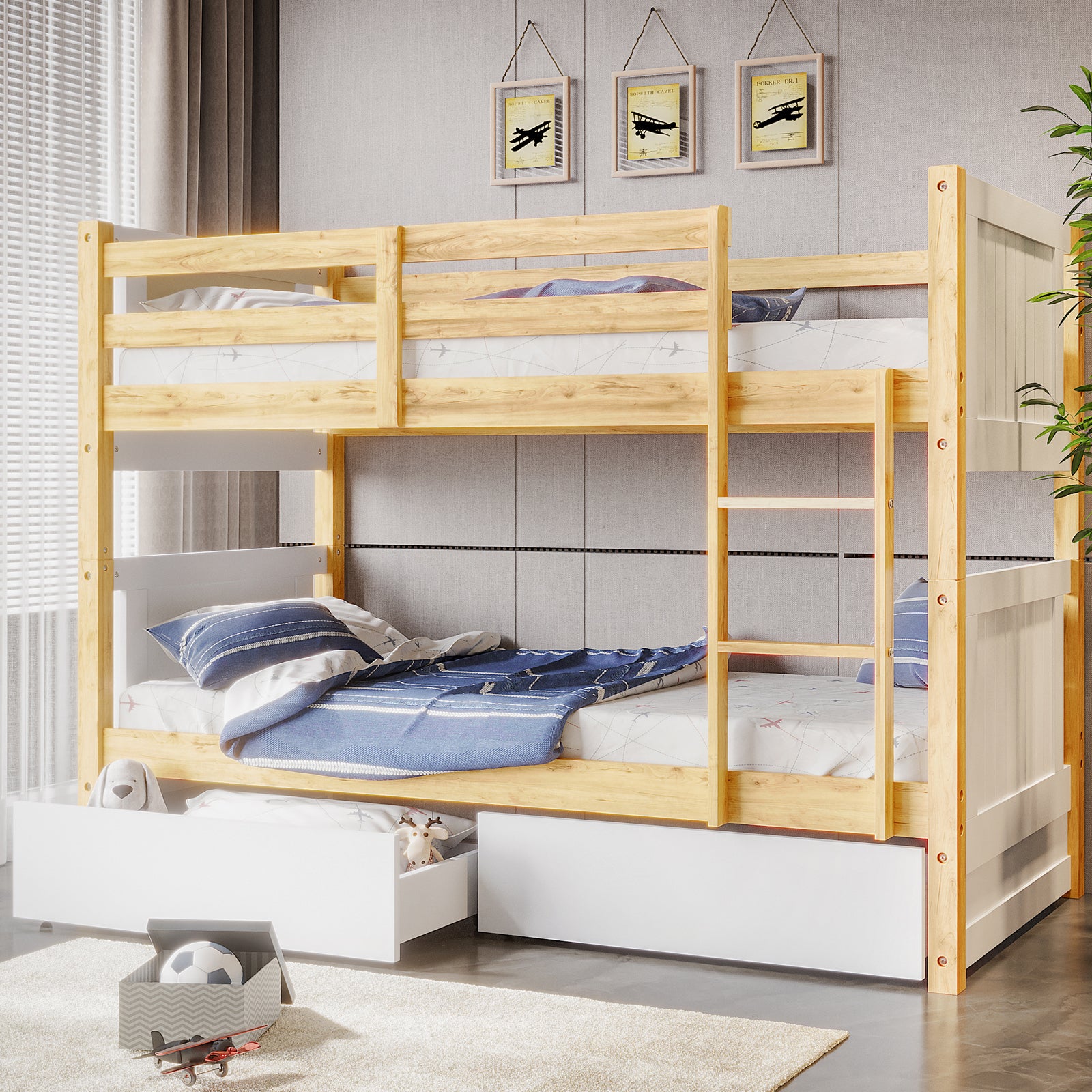Elisha Single Solid Pine Storage Bunk Bed in White & Natural with light-stained rails, blue-and-white bedding, pull-out drawer with a toy, ladder, and airplane-themed top bunk, framed prints above.