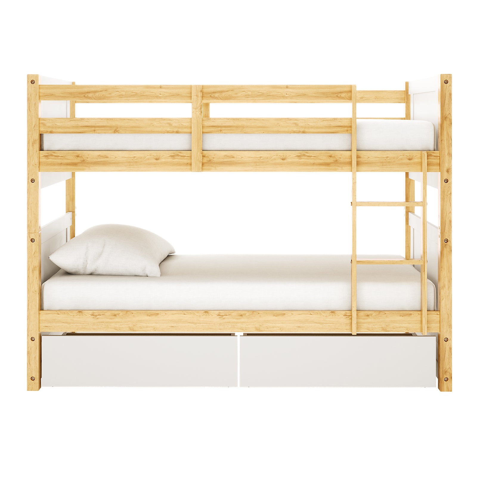 Elisha Single Solid Pine Storage Bunk Bed in White & Natural, featuring a light wood frame with white accents, ladder, upper guard rails, and two spacious pull-out drawers beneath the lower bunk for storage.