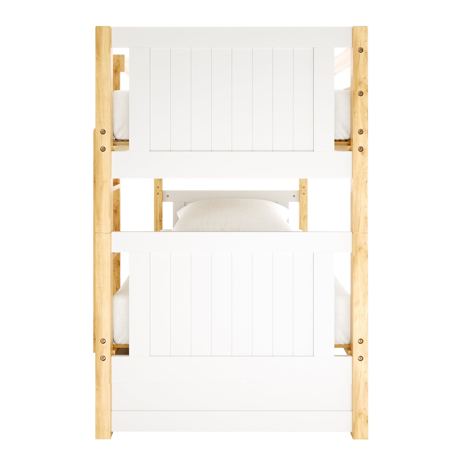 Elisha Single Solid Pine Storage Bunk Bed in White & Natural with white slatted head- and foot-boards, natural-wood posts, a built-in ladder, and two under-bed storage drawers.