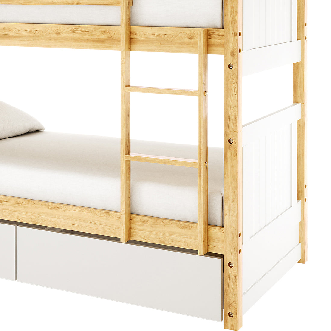 Side view of the Elisha Single Solid Pine Storage Bunk Bed in White & Natural, featuring light-toned wood, white panel accents, a vertical ladder, and two white storage drawers beneath the lower bunk.