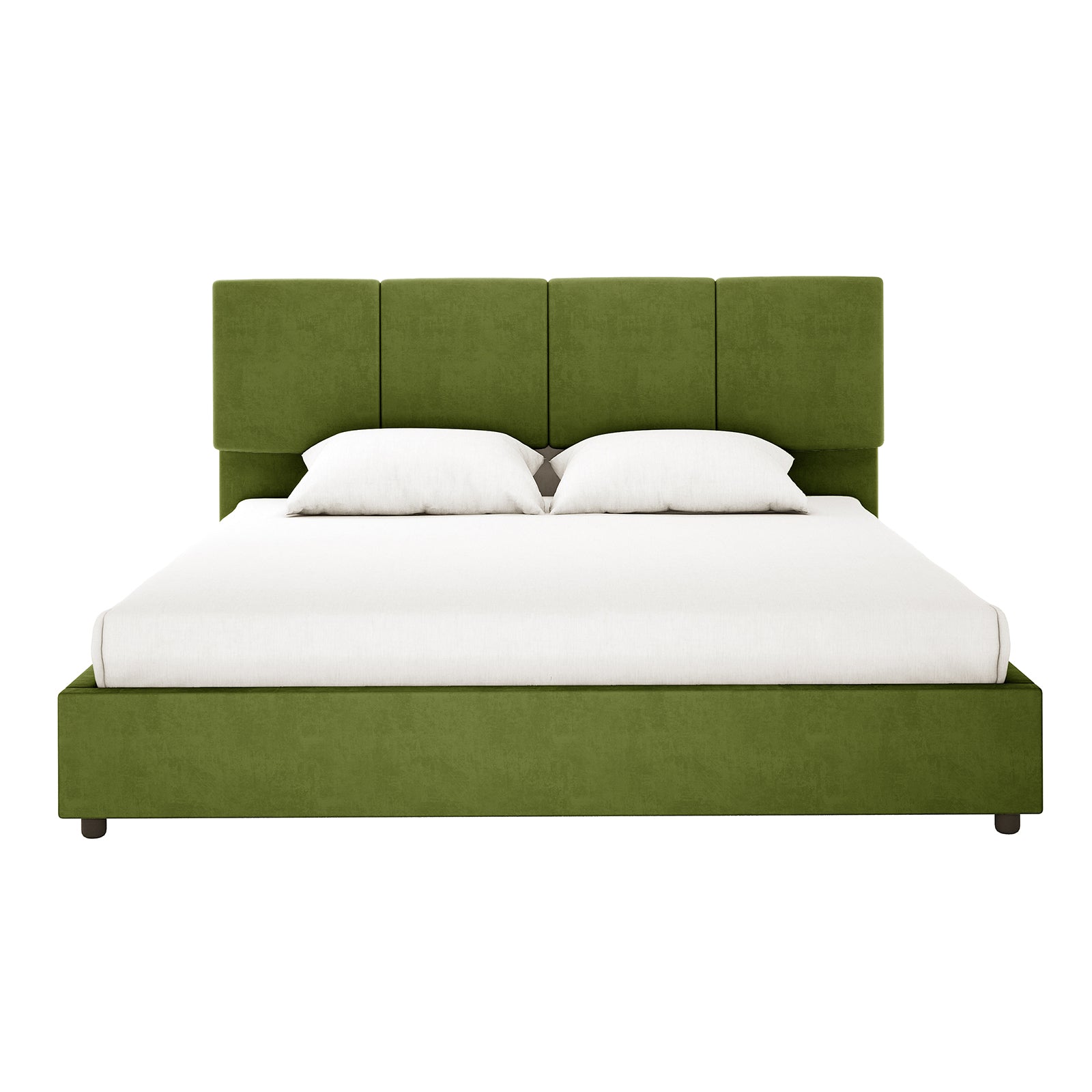 Emina Velvet Bed Frame - Jade Green King, featuring a low box-style frame and a tall, four-panel padded headboard in moss-green fabric, with a white fitted sheet and two pillows.
