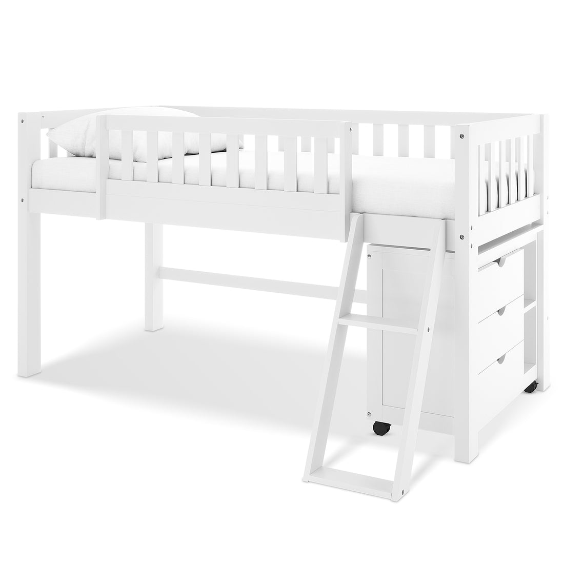 Erin Kids Single Solid Wood Storage Loft Bed in White features a raised design with slatted guardrails, a short ladder, and built-in storage drawers underneath, showcasing classic and functional elegance.