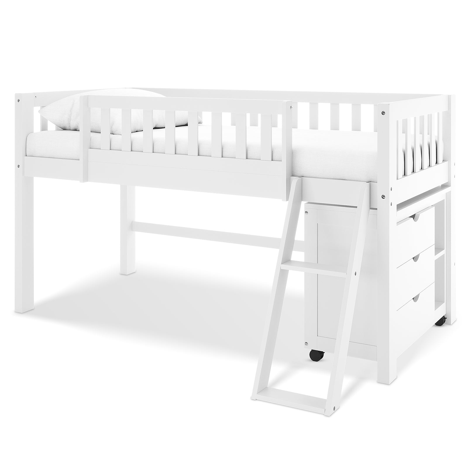 Erin Kids Single Solid Wood Storage Loft Bed in White features a raised design with slatted guardrails, a short ladder, and built-in storage drawers underneath, showcasing classic and functional elegance.