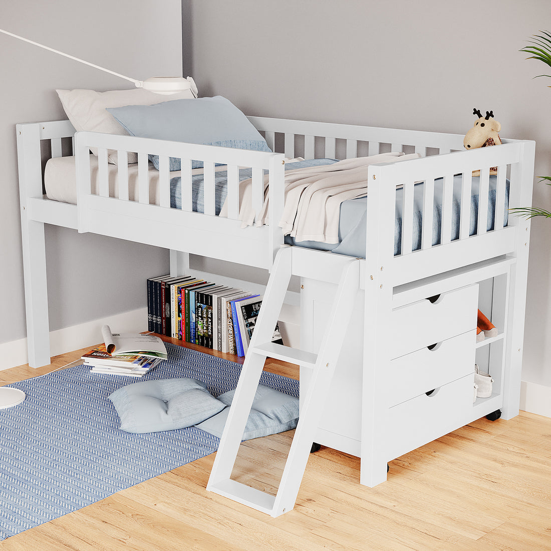 Erin Kids Single Solid Wood Storage Loft Bed in White, featuring a raised frame with guardrails, ladder, built-in storage drawers, cubby shelving, and a cozy reading nook below with a giraffe plush toy.