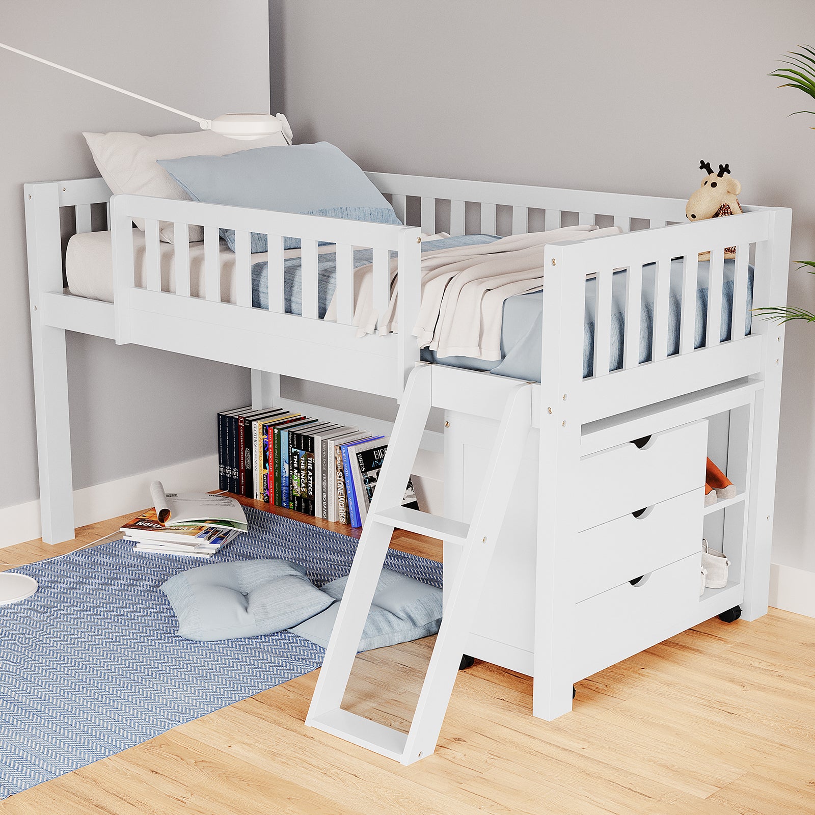 Erin Kids Single Solid Wood Storage Loft Bed in White, featuring a raised frame with guardrails, ladder, built-in storage drawers, cubby shelving, and a cozy reading nook below with a giraffe plush toy.