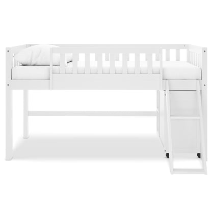 Erin Kids Single Solid Wood Storage Loft Bed in White, featuring low guardrails, an angled ladder, and a thin mattress, showcasing its elegant functionality and integrated storage drawer.
