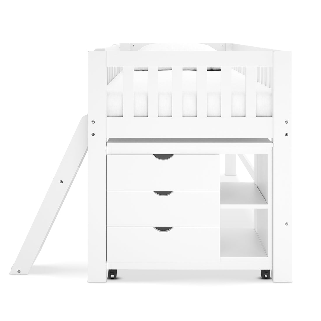 Erin Kids Single Solid Wood Storage Loft Bed in White features a loft-style bed with a built-in ladder, three pull-out drawers, open shelving, and sits on small casters for mobility.