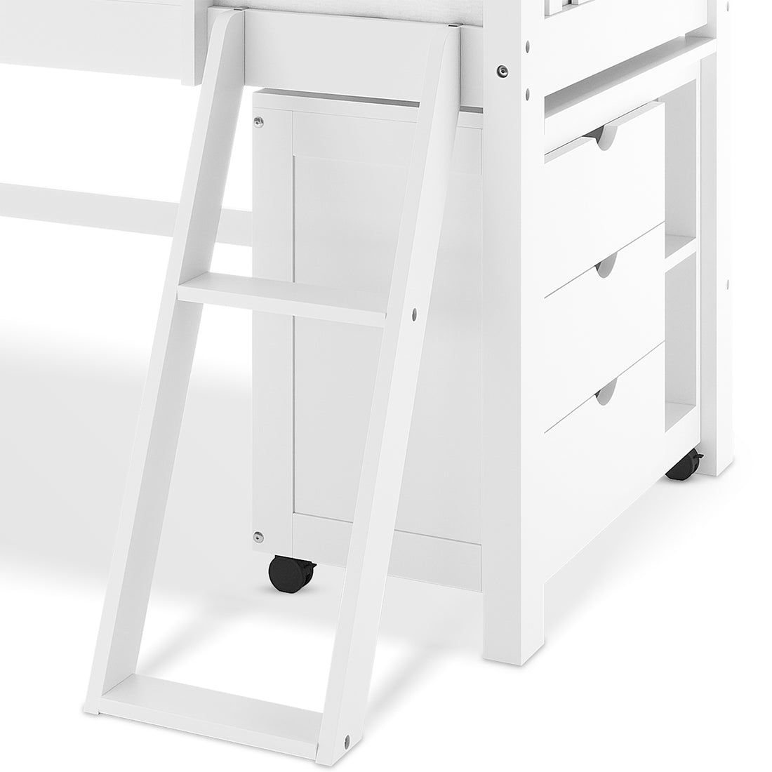 Erin Kids Single Solid Wood Storage Loft Bed in White, featuring a two-step ladder and a matching storage unit with three pull-out drawers on casters beneath the loft structure.