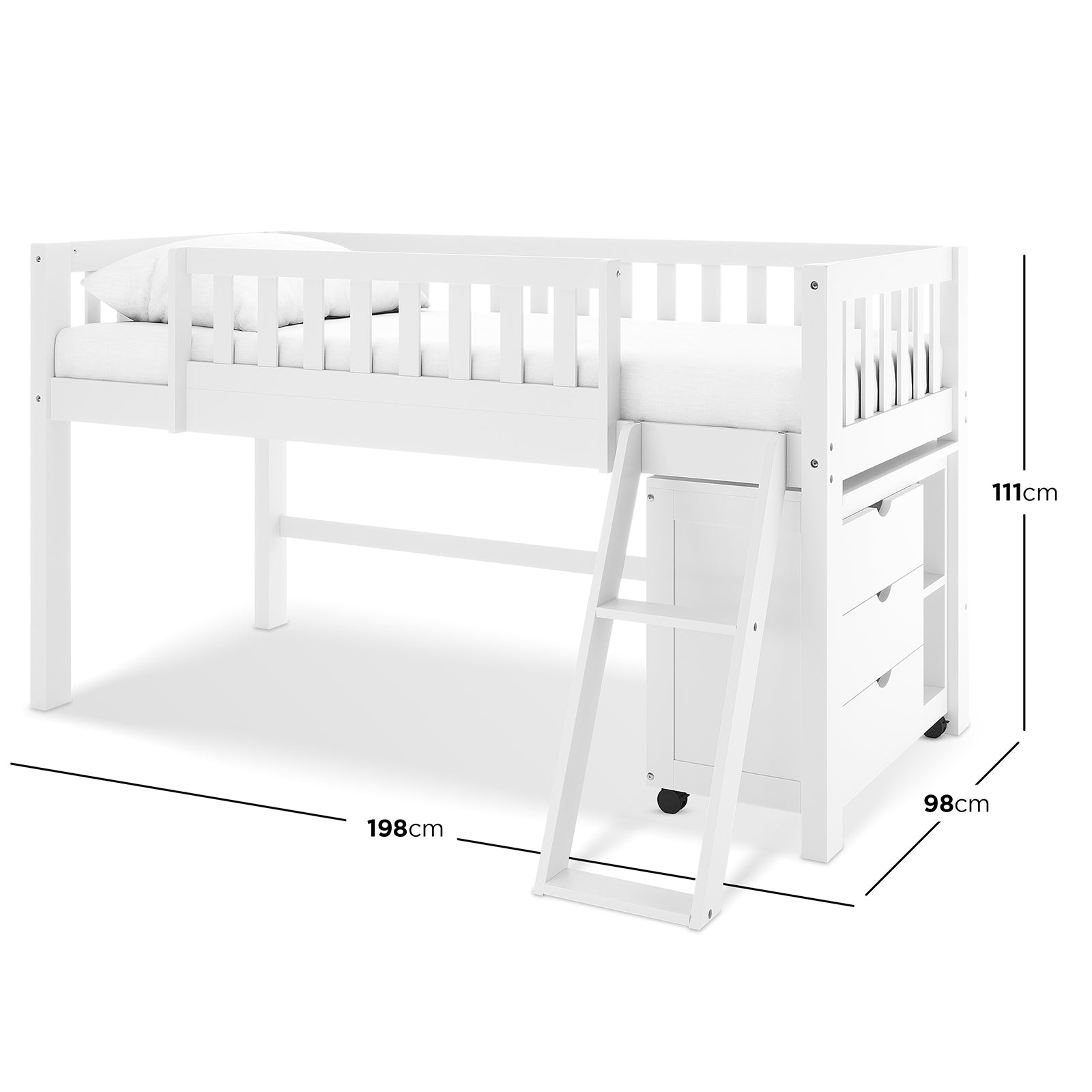 Erin Kids Single Solid Wood Storage Loft Bed in White features a slatted guardrail, angled two-step ladder, built-in storage with three drawers, open shelves, and a mattress atop its raised frame.