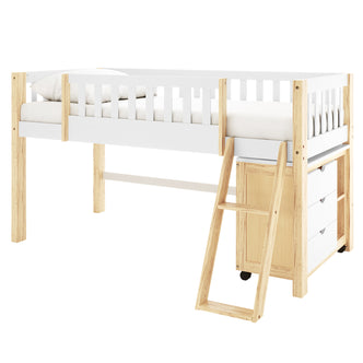 Erin Kids Single Solid Wood Loft Bed in White & Natural features a raised twin bed with guardrails, a ladder, and three pull-out drawers underneath, crafted from light-finish wood with white accents.