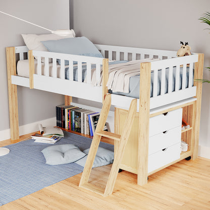 Erin Kids Single Solid Wood Loft Bed in White & Natural features a light wood frame, white guard rails, ladder, blue-dressed mattress, with storage drawers, bookshelf, and cubby shelves underneath. Scandinavian-inspired design.