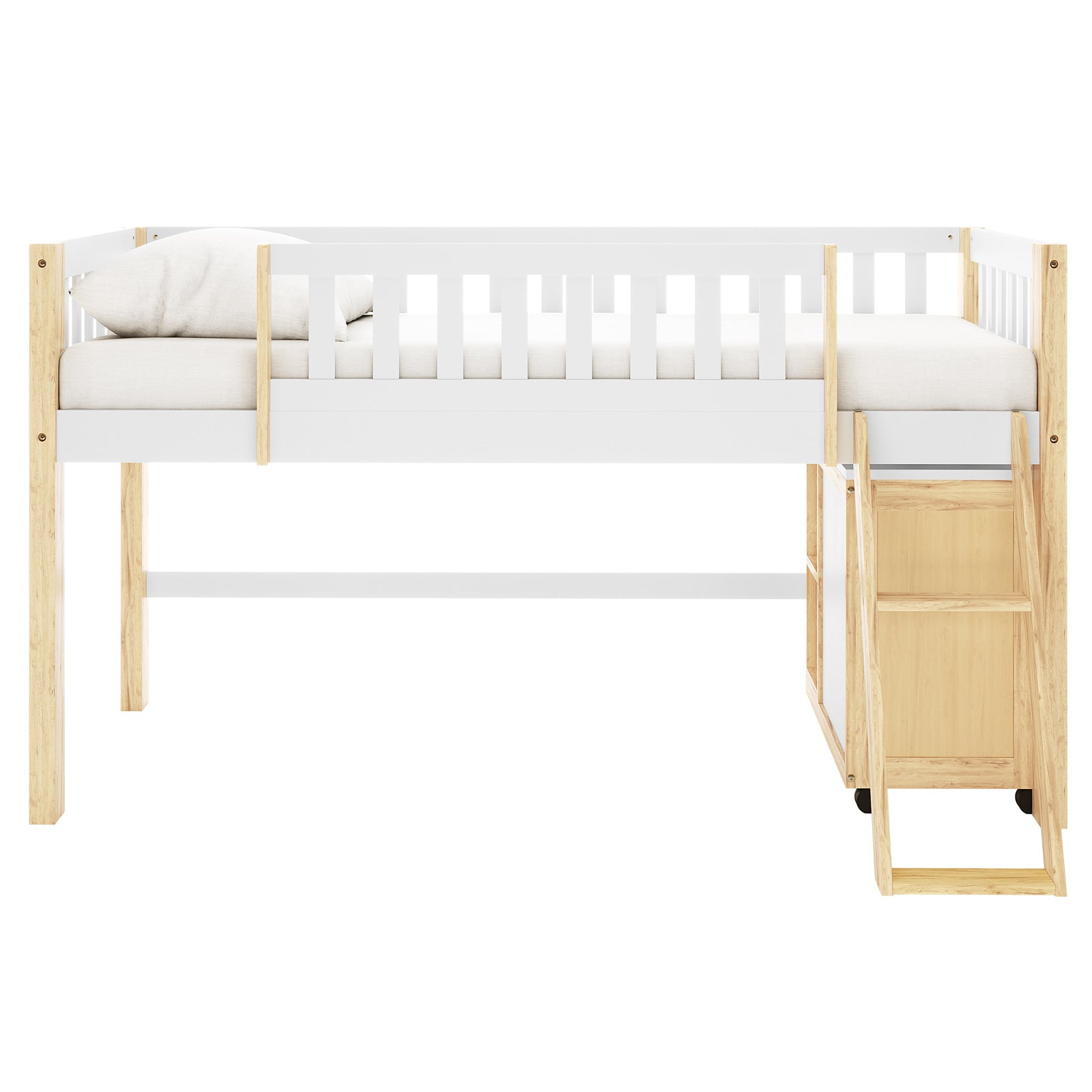 Erin Kids Single Solid Wood Loft Bed in White & Natural features a light wood frame, white slatted guardrails, a small side ladder, and an open space beneath for storage or play.