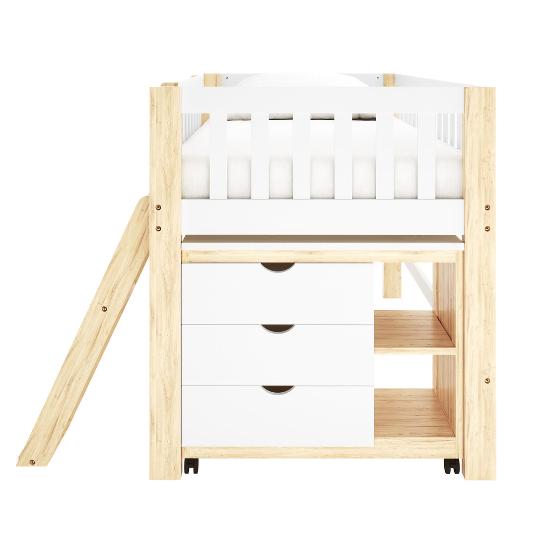 Erin Kids Single Solid Wood Loft Bed in White & Natural features a loft-style design with a light wood finish, guardrails, a ladder, and built-in storage drawers and shelves on caster wheels.
