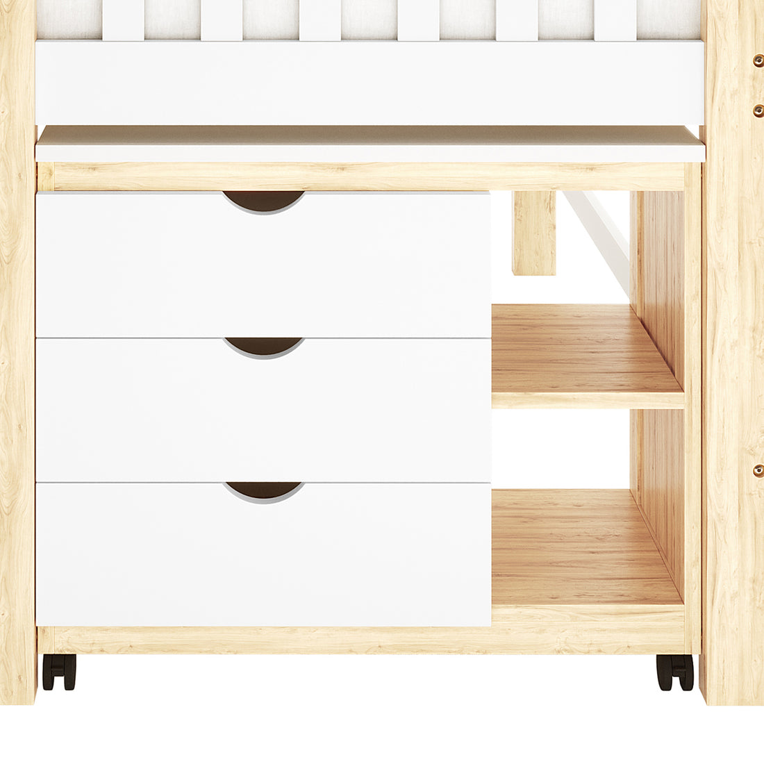 Erin Kids Single Solid Wood Loft Bed in White & Natural features a compact storage unit with three white drawers and two open shelves beneath a loft frame, adding functionality and elegance.