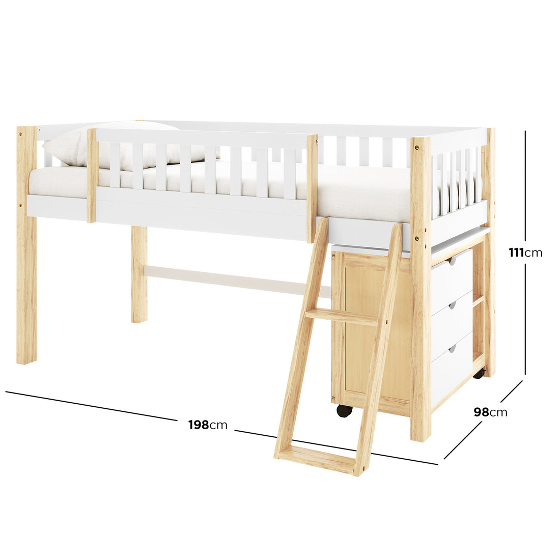 Erin Kids Single Solid Wood Loft Bed in White & Natural features a loft-style design with a ladder, guard rails, and three-drawer storage unit on casters underneath. Dimensions: 198x98x111 cm.