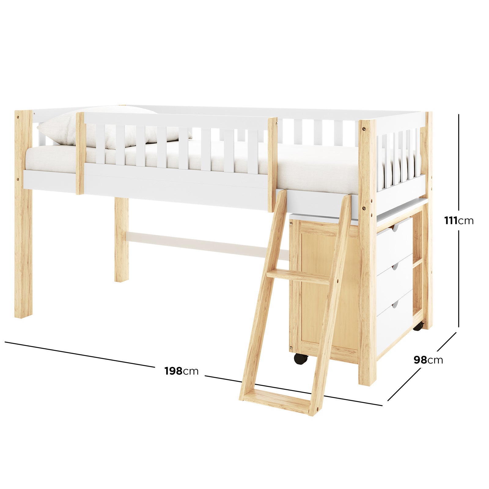 Erin Kids Single Solid Wood Loft Bed in White & Natural features a loft-style design with a ladder, guard rails, and three-drawer storage unit on casters underneath. Dimensions: 198x98x111 cm.