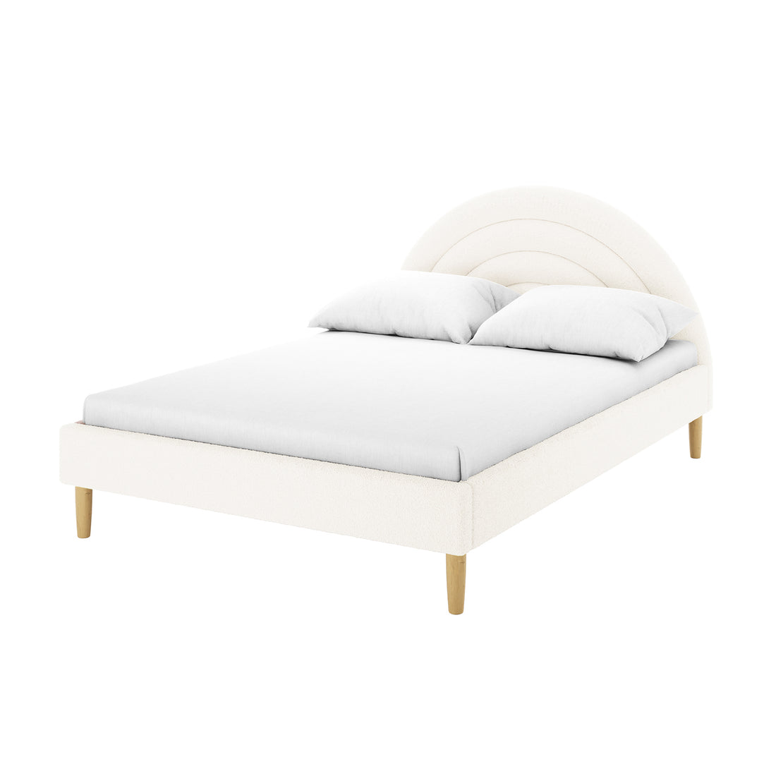 Estilla Double Rainbow Boucle Bed Frame in Cream White features an arched, tufted headboard with cream boucle upholstery, sitting on tapered wooden legs. Includes a fitted mattress and two matching pillows.