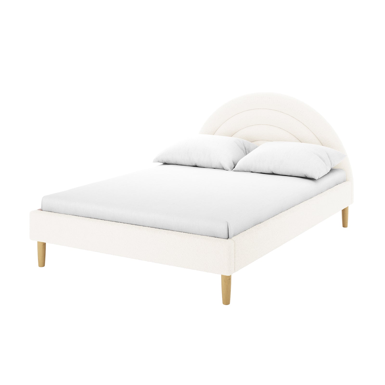 Estilla Double Rainbow Boucle Bed Frame in Cream White features an arched, tufted headboard with cream boucle upholstery, sitting on tapered wooden legs. Includes a fitted mattress and two matching pillows.