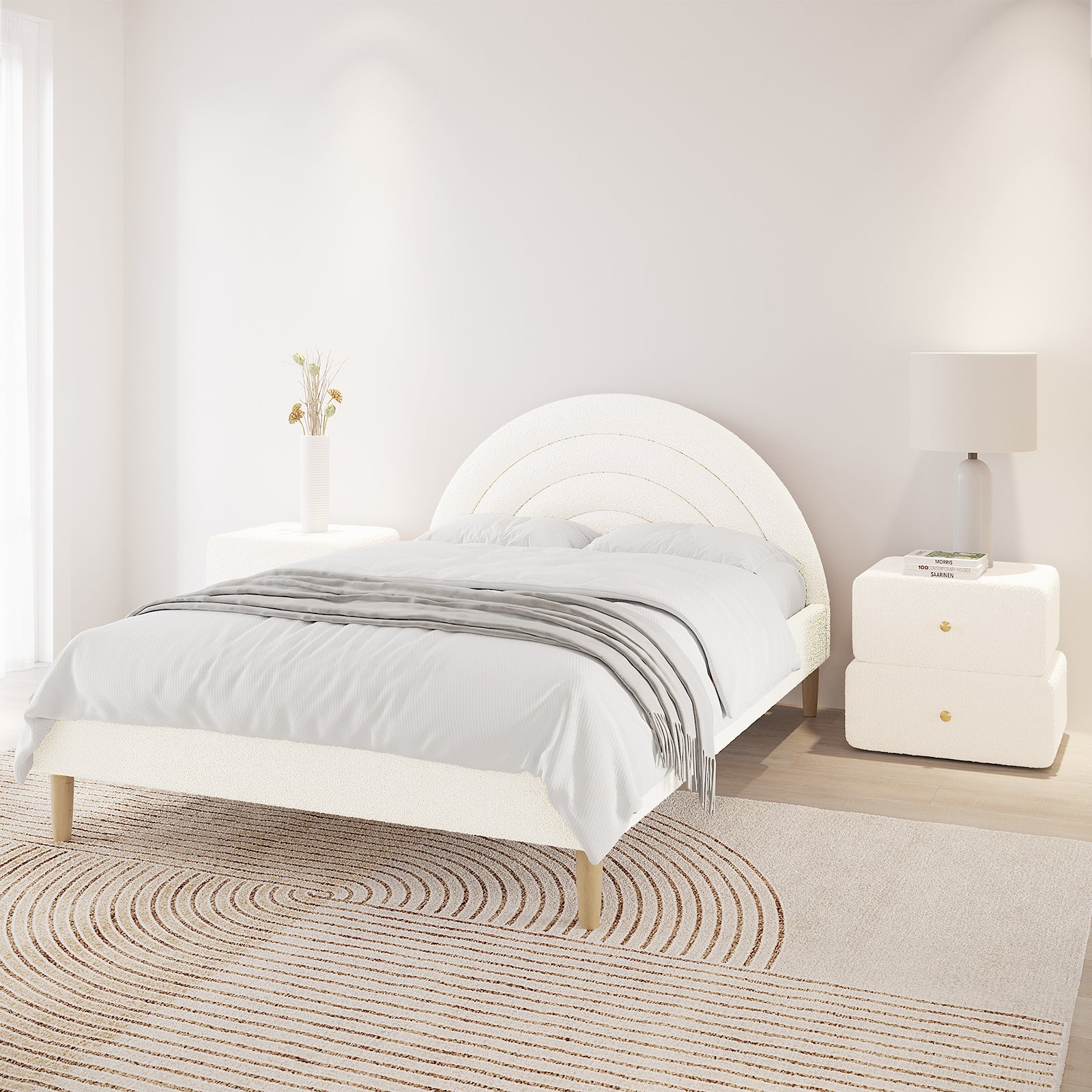 Estilla Double Rainbow Boucle Bed Frame in Cream White features a semicircular tufted headboard and off-white textured upholstery, paired with matching nightstands in a serene, minimalist bedroom setting.