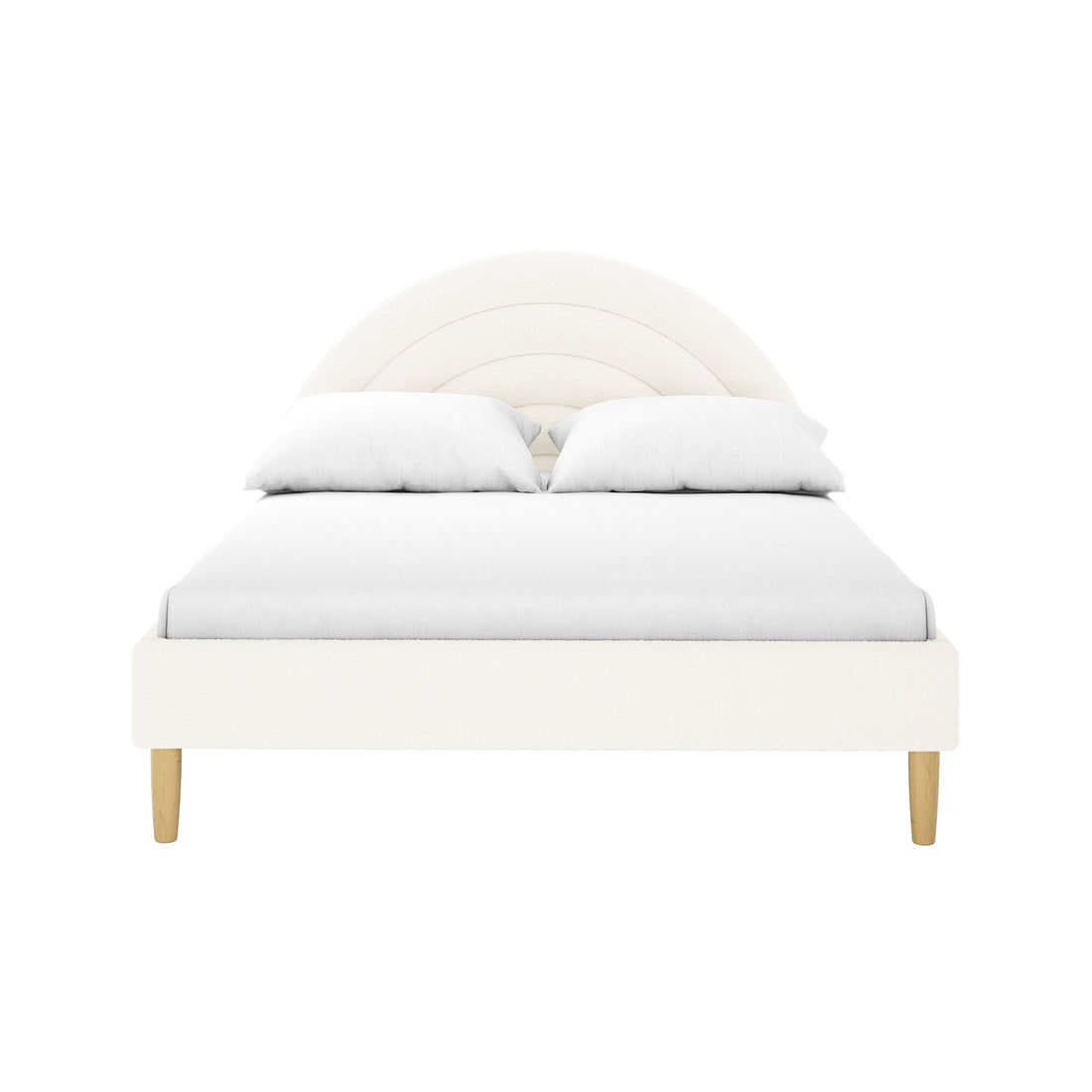 Estilla Double Rainbow Boucle Bed Frame in Cream White features a padded semi-circular headboard, matching low frame, and four wooden legs, complete with white bedding, offering playful elegance and comfort.