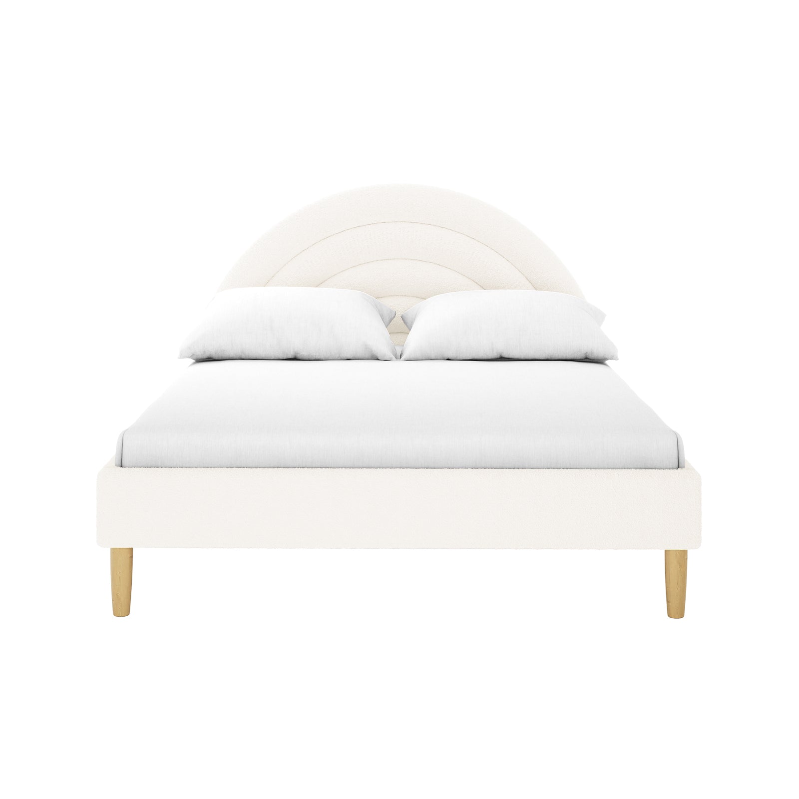 Estilla Double Rainbow Boucle Bed Frame in Cream White features a padded semi-circular headboard, matching low frame, and four wooden legs, complete with white bedding, offering playful elegance and comfort.