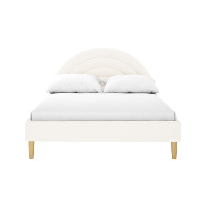 Estilla Double Rainbow Boucle Bed Frame in Cream White features a padded semi-circular headboard, matching low frame, and four wooden legs, complete with white bedding, offering playful elegance and comfort.