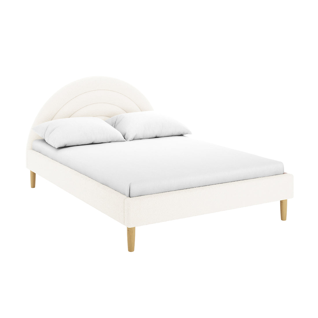 Estilla Double Rainbow Boucle Bed Frame in Cream White features a low-profile design with an arched upholstered headboard, light-wood legs, fitted white sheet, and two pillows, epitomizing playful comfort.