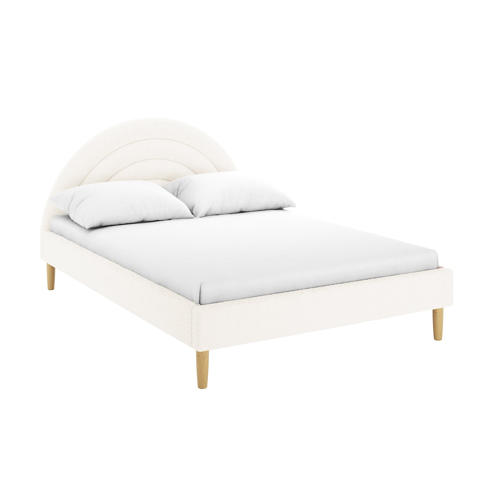 Estilla Double Rainbow Boucle Bed Frame in Cream White features a low-profile design with an arched upholstered headboard, light-wood legs, fitted white sheet, and two pillows, epitomizing playful comfort.
