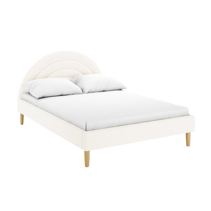 Estilla Double Rainbow Boucle Bed Frame in Cream White features a low-profile design with an arched upholstered headboard, light-wood legs, fitted white sheet, and two pillows, epitomizing playful comfort.