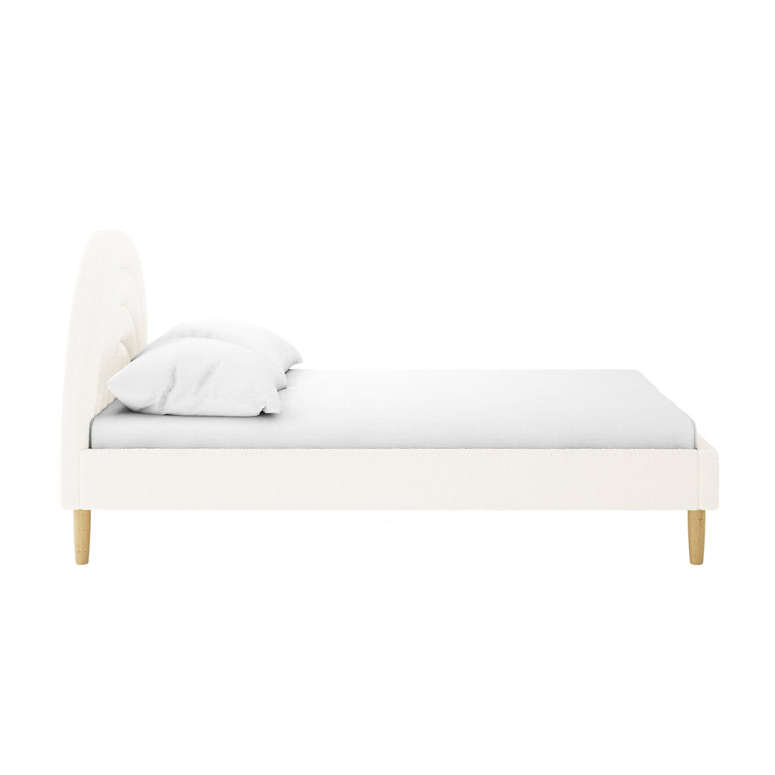 Estilla Double Rainbow Boucle Bed Frame in Cream White features a low-profile upholstered frame with a whimsical arched headboard, mattress, and pillows, supported by short, tapered wooden legs for a cozy bedroom upgrade.