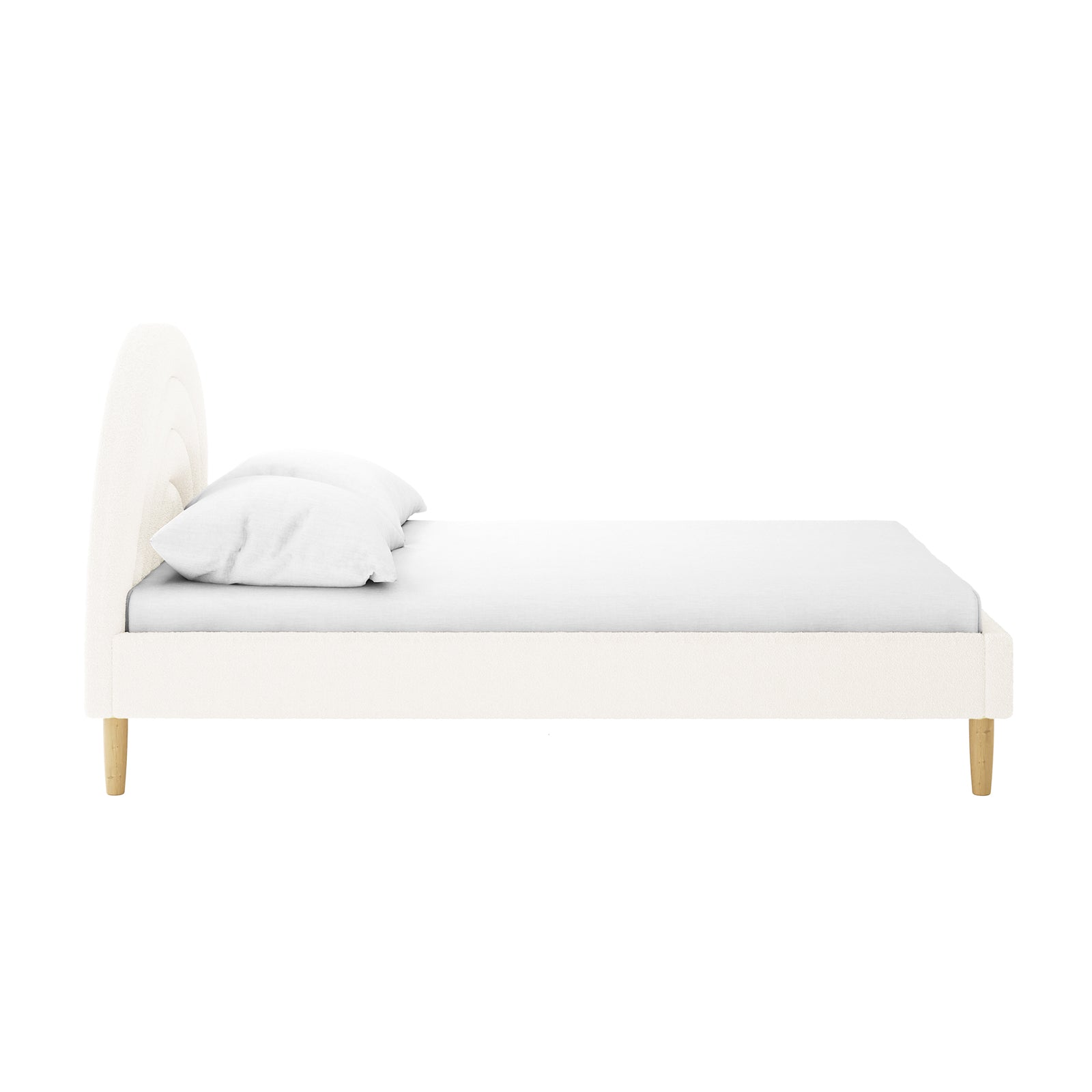 Estilla Double Rainbow Boucle Bed Frame in Cream White features a low-profile upholstered frame with a whimsical arched headboard, mattress, and pillows, supported by short, tapered wooden legs for a cozy bedroom upgrade.