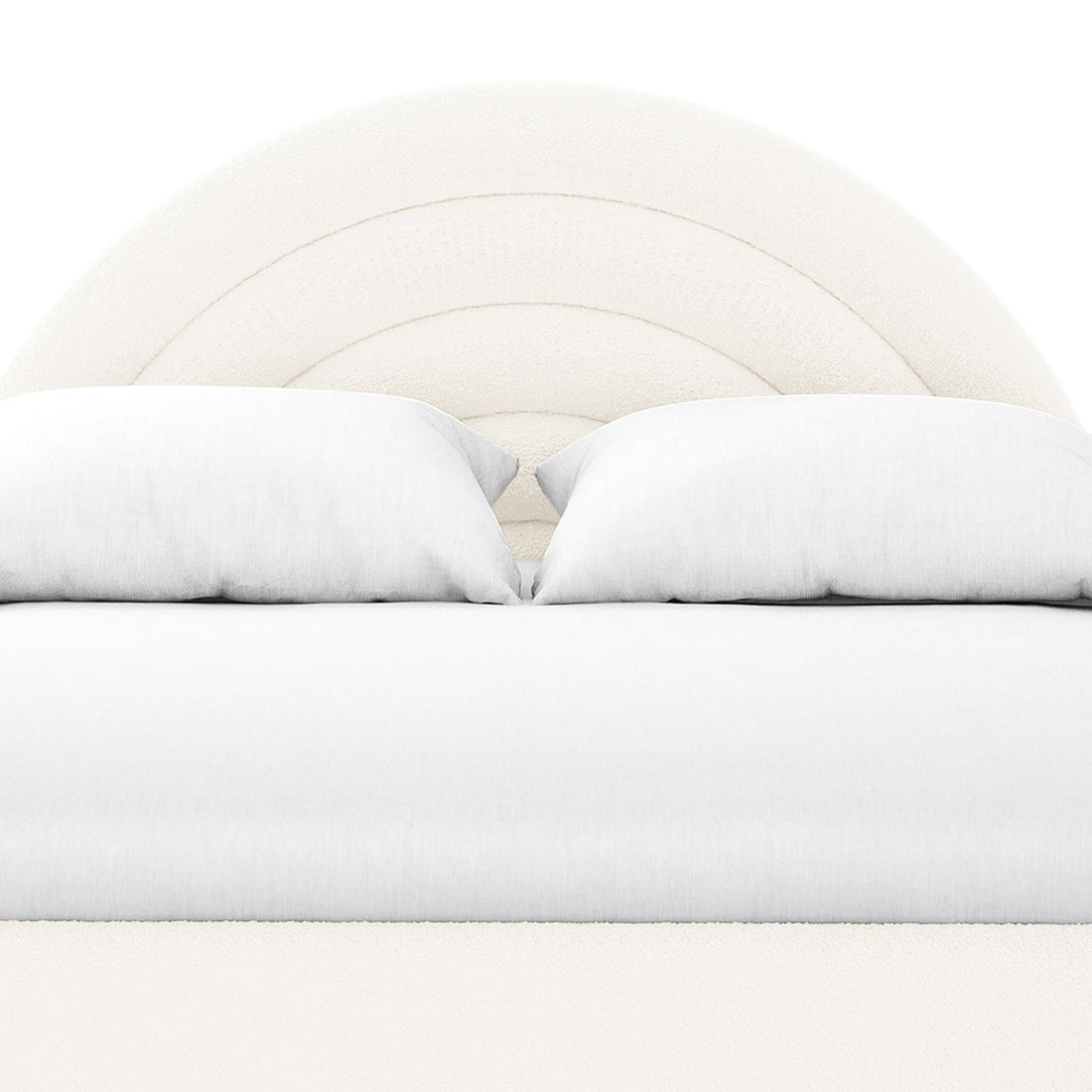Estilla Double Rainbow Boucle Bed Frame in Cream White features a curved arch-shaped headboard upholstered in soft bouclé fabric, complemented by white linens and pillows, creating a cosy, stylish bedroom setting.