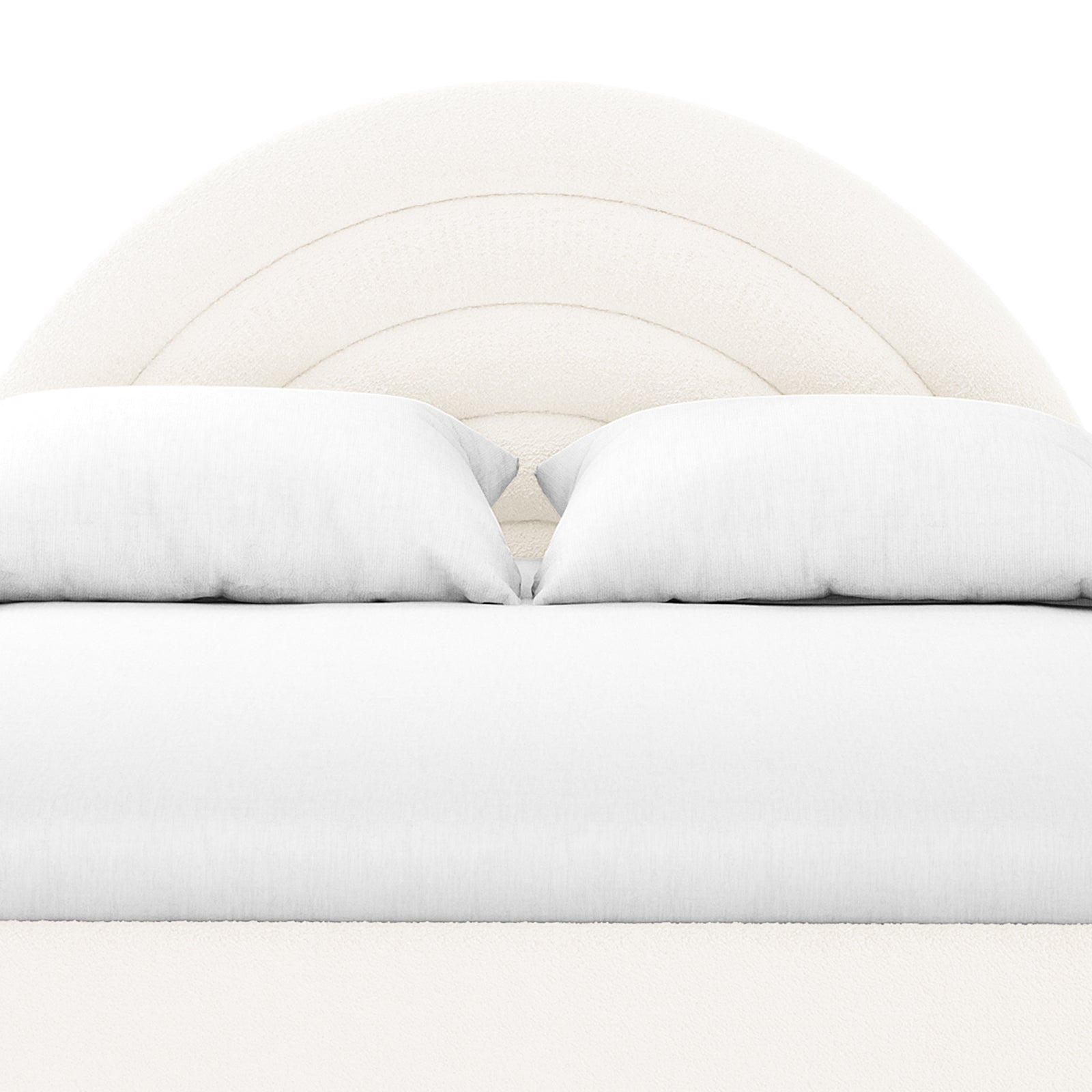 Estilla Double Rainbow Boucle Bed Frame in Cream White features a curved arch-shaped headboard upholstered in soft bouclé fabric, complemented by white linens and pillows, creating a cosy, stylish bedroom setting.