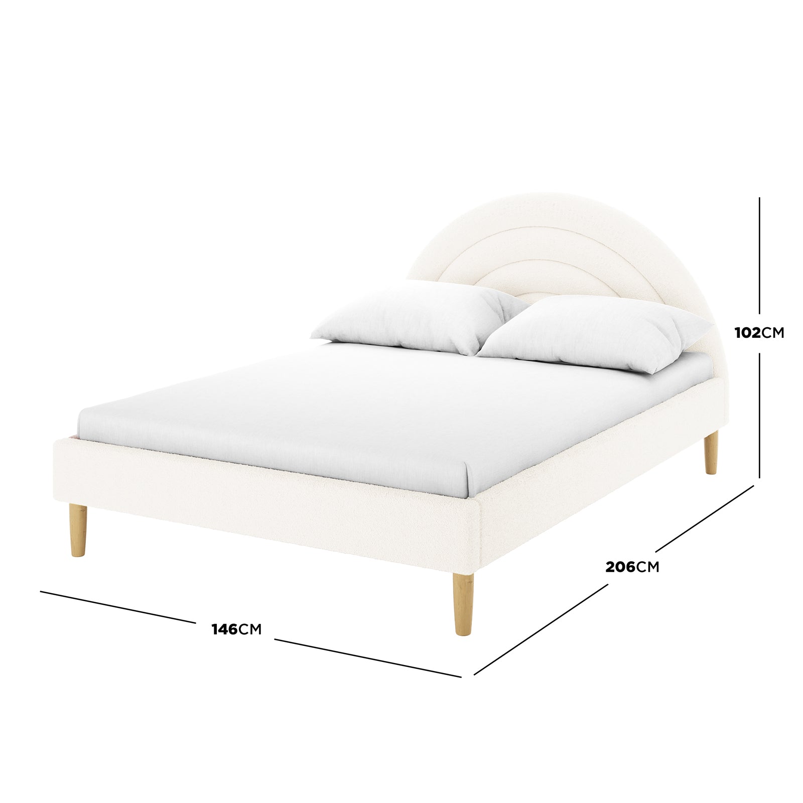 Estilla Double Rainbow Boucle Bed Frame in Cream White features a scalloped headboard in plush boucle fabric, with tapered wooden legs. Mattress and pillows shown, dimensions overlaid: 146x206x102 cm.