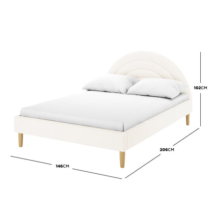 Estilla Double Rainbow Boucle Bed Frame in Cream White features a scalloped headboard in plush boucle fabric, with tapered wooden legs. Mattress and pillows shown, dimensions overlaid: 146x206x102 cm.