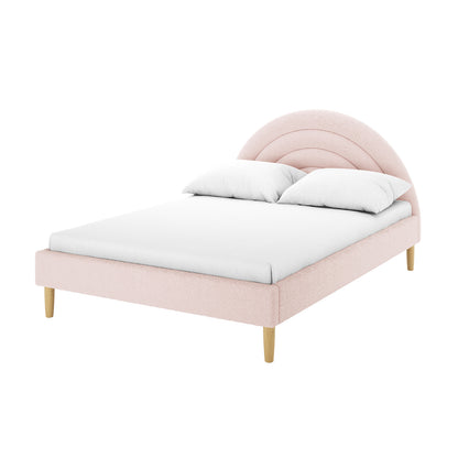 Estilla Double Rainbow Boucle Bed Frame in Ice Blue, featuring a rounded, layered headboard, white mattress, and pillows, with wooden legs, combines playful style and comfort for kids’ bedrooms.