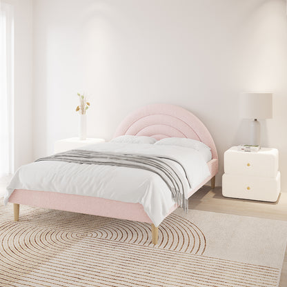 Estilla Double Rainbow Boucle Bed Frame in Ice Blue featuring a curved headboard, white bedding with gray throw, cream nightstands, and natural-wood legs on a light wood floor with a neutral patterned rug.