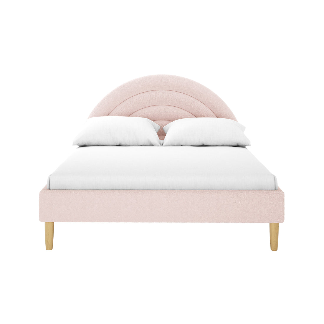 Estilla Double Rainbow Boucle Bed Frame in Ice Blue features a scalloped, rainbow-arc headboard, blush-pink upholstered frame, white bedding, and turned wooden legs, ideal for a charming, cozy children’s bedroom.