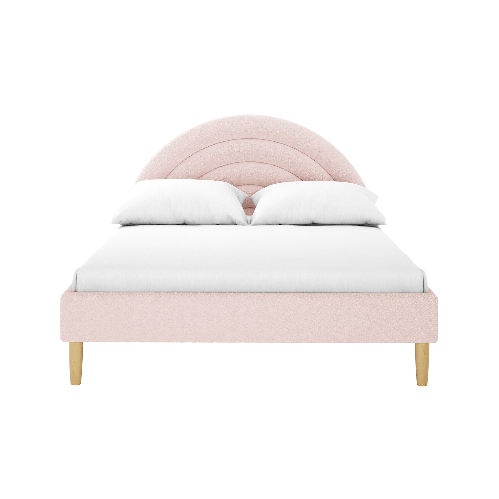 Estilla Double Rainbow Boucle Bed Frame in Ice Blue features a scalloped, rainbow-arc headboard, blush-pink upholstered frame, white bedding, and turned wooden legs, ideal for a charming, cozy children’s bedroom.