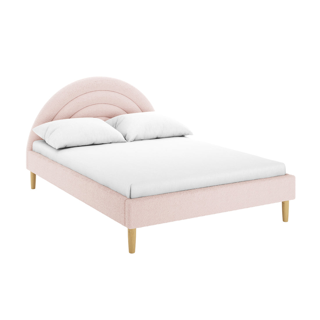 Estilla Double Rainbow Boucle Bed Frame in Ice Blue features a rounded headboard, pale pink boucle upholstery, tapered wooden legs with a fitted white mattress and two pillows, offering playful style and comfort.