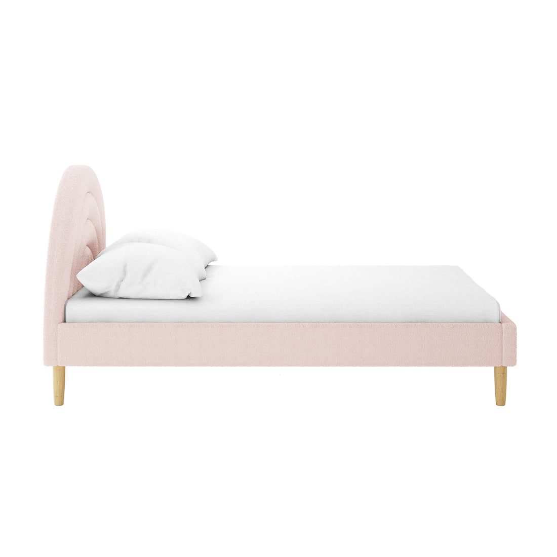 Estilla Double Rainbow Boucle Bed Frame in Ice Blue, featuring a rounded, arch-shaped headboard in blush-pink bouclé, white mattress, pillow, and light-wood tapered legs, set against a plain white background.