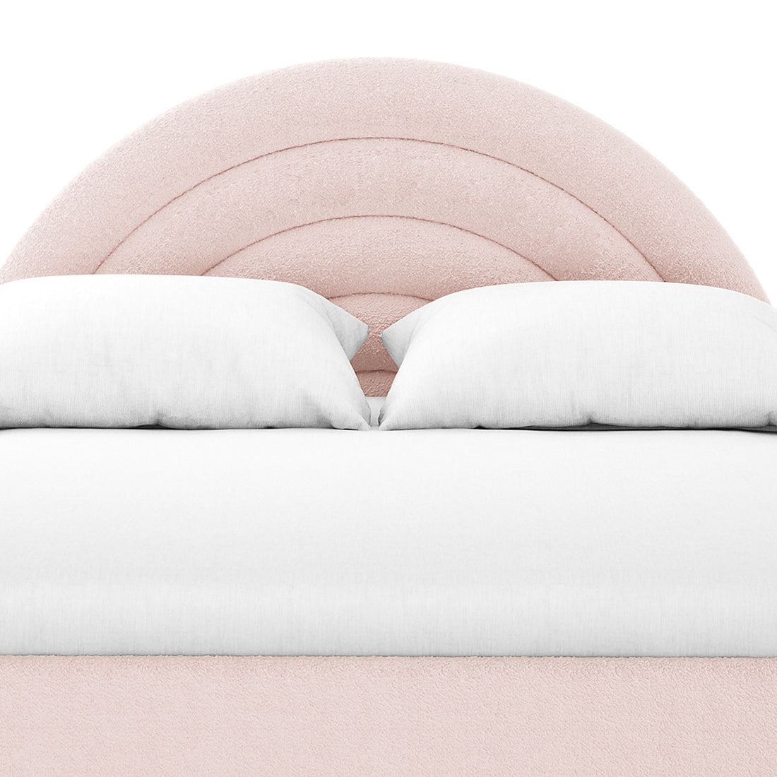 The Estilla Double Rainbow Boucle Bed Frame showcases a rounded, arch-style blush-pink headboard with concentric stitching, complemented by white pillows and bedding, offering a charming and cozy children’s bedroom upgrade.