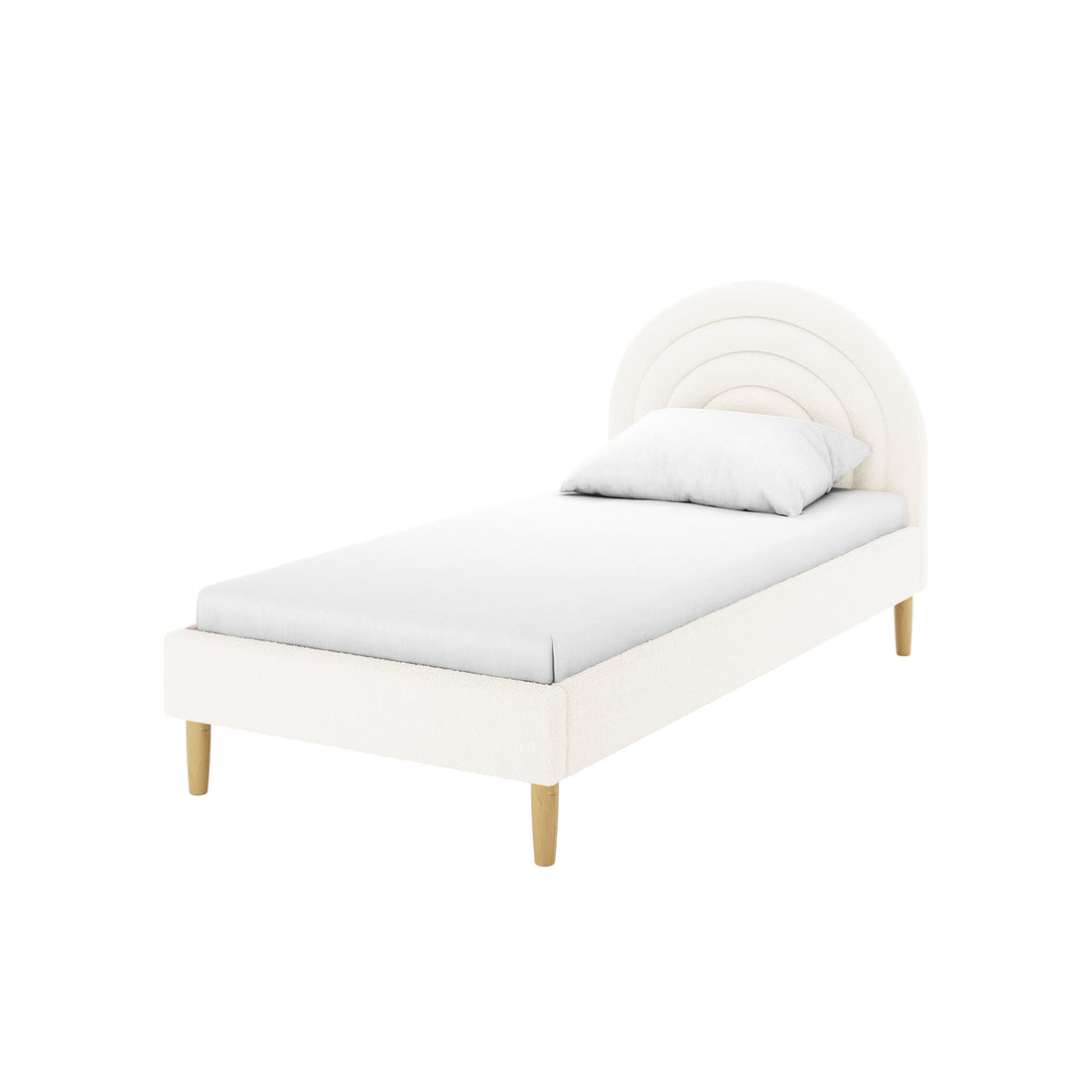 Estilla Single Rainbow Boucle Bed Frame in Cream White features an arched tiered headboard, off-white boucle upholstery, tapered light-wood legs, and a white mattress with a pillow.