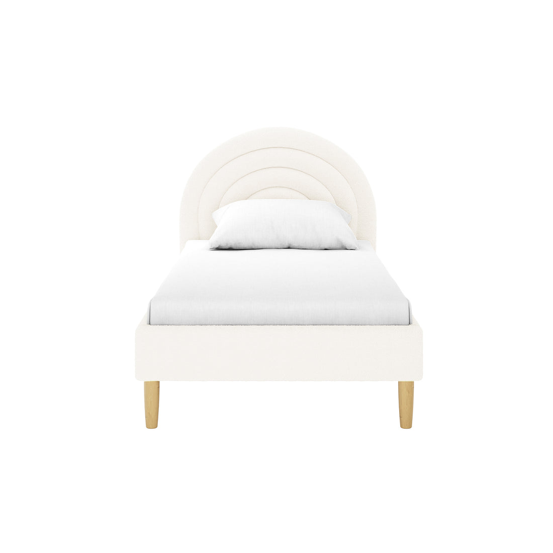 Estilla Single Rainbow Boucle Bed Frame in Cream White featuring a softly upholstered frame, arched scalloped headboard, and light wood legs. Ideal for kids or guest rooms.