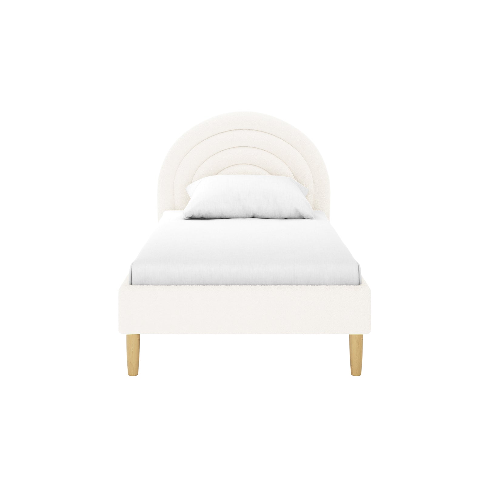 Estilla Single Rainbow Boucle Bed Frame in Cream White featuring a softly upholstered frame, arched scalloped headboard, and light wood legs. Ideal for kids or guest rooms.