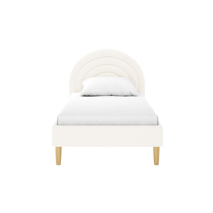 Estilla Single Rainbow Boucle Bed Frame in Cream White featuring a softly upholstered frame, arched scalloped headboard, and light wood legs. Ideal for kids or guest rooms.