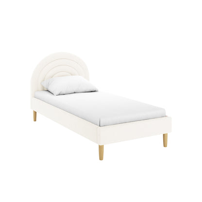 Estilla Single Rainbow Boucle Bed Frame in Cream White, featuring a scalloped, arched headboard with concentric stitching, cream-white textured fabric, and four turned wooden legs, perfect for kids or guest rooms.