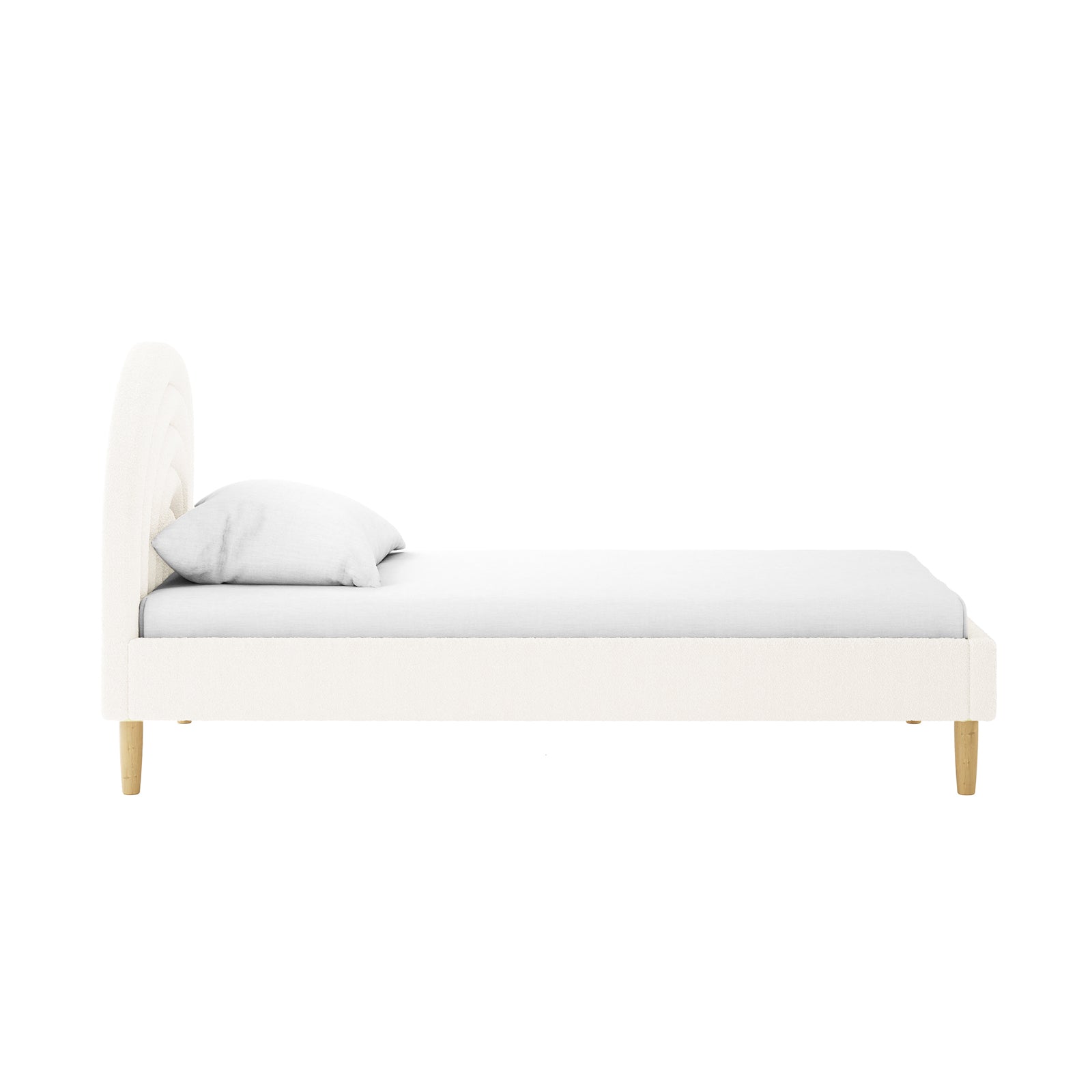 Estilla Single Rainbow Boucle Bed Frame in Cream White, featuring a curved padded headboard, white upholstery, single pillow, mattress, and four light-wood tapered legs. Perfect for kids or guest rooms.