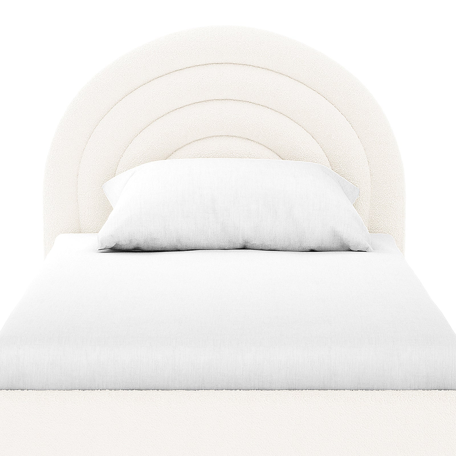 Estilla Single Rainbow Boucle Bed Frame in Cream White features a semi-circular upholstered headboard and a low platform frame, dressed in simple white bedding with one pillow.