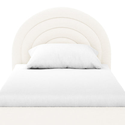 Estilla Single Rainbow Boucle Bed Frame in Cream White features a semi-circular upholstered headboard and a low platform frame, dressed in simple white bedding with one pillow.